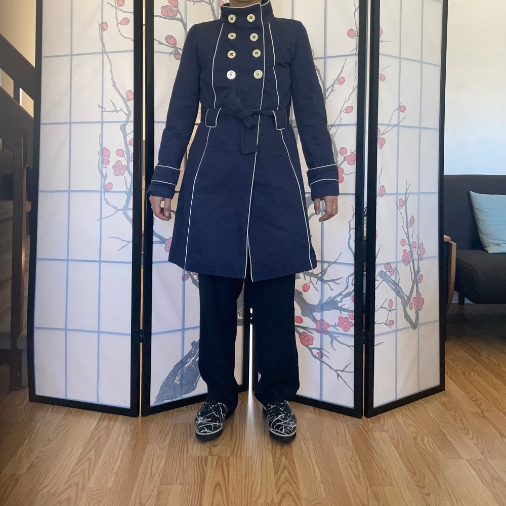 Merona Navy Blue Double Breasted Trench Coat with Piping an White Buttons